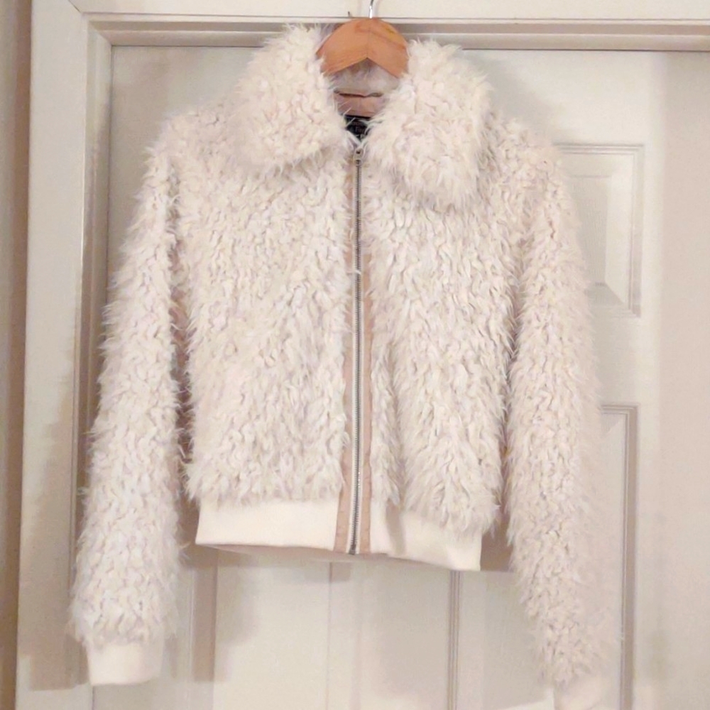 Abercrombie & Fitch white faux fur bomber jacket